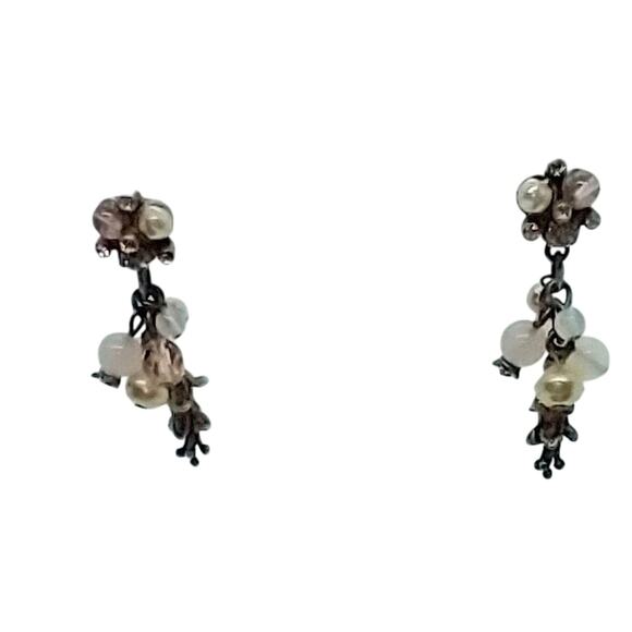 Cluster Earrings White and Peach Beads Pewter Flower Rhinestones Pewter Tone - Picture 6 of 7